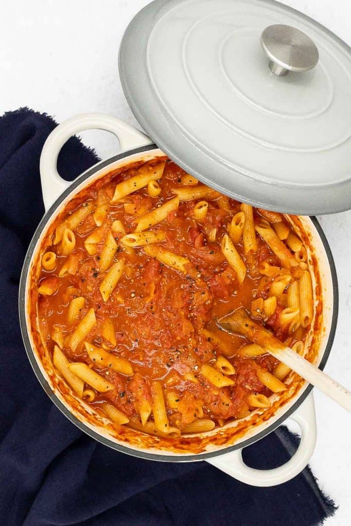 A large pan of tomato sauce, perfect for baked pasta.