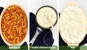 Process shots for making pasta al forno in baking dish, pasta covered with tomato sauce, making a cheese sauce in a large pan and pasta covered with cheese sauce.
