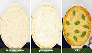 Process shots for making pasta al forno pasta in a baking dish covered in breadcrumbs, olive oil, parmesan cheese and baked in the oven until golden brown with fresh basil leaf garnish.