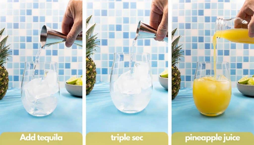 Process shots for how to make a pineapple tequila, add tequila, triple sec and pineapple juice.