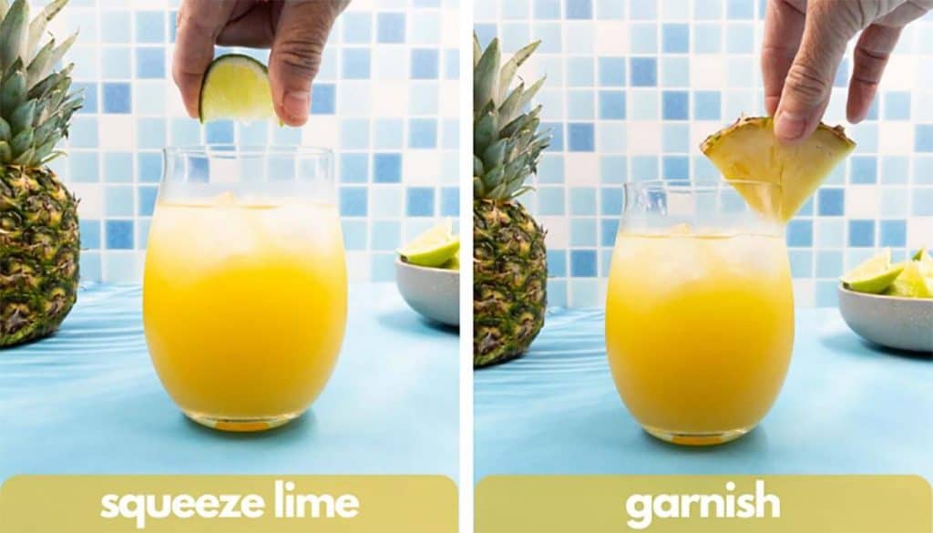Process shots for making a pineapple tequila, squeeze lime and garnish with a pineapple wedge.