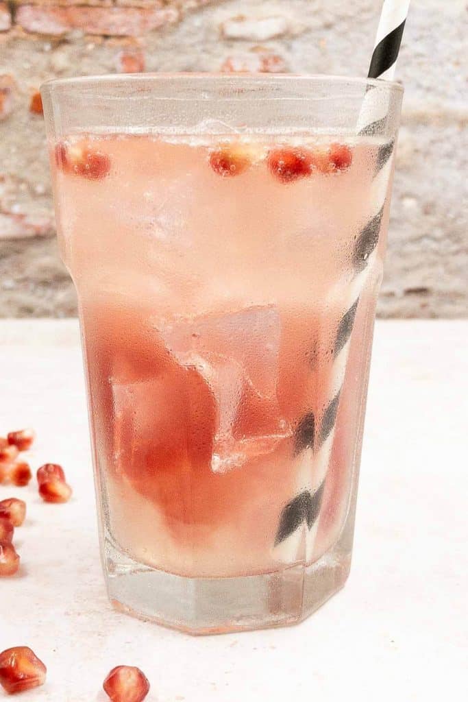 Tequila el diablo rojo cocktail, freshly made with ice cubes and pomegranate seeds as garnish.