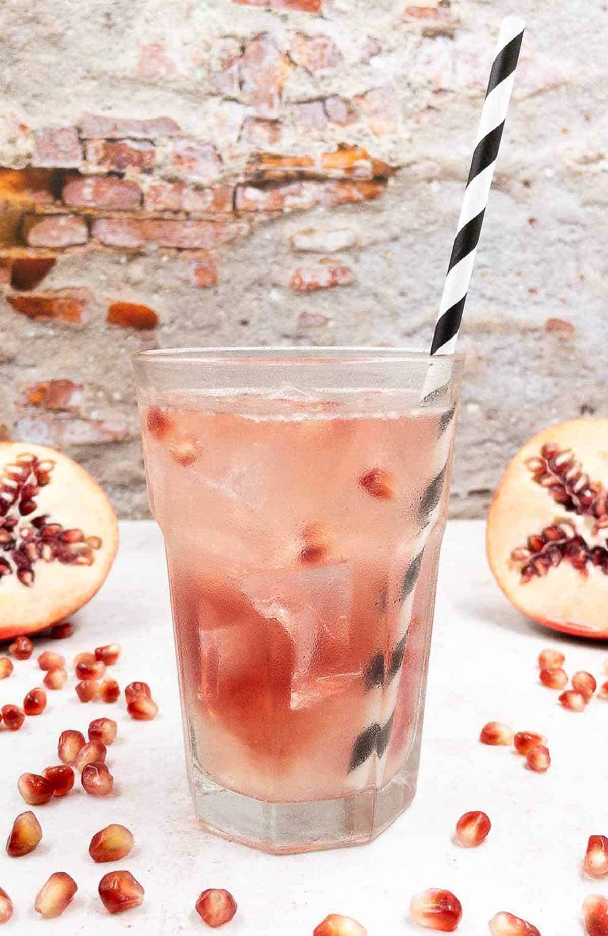 A homemade tequila el diablo rojo in a highball glass with a straw and pomegranate seeds.