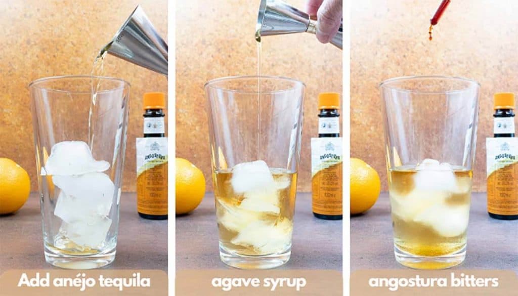 Process shot for how to make a tequila old fashioned, add anéjo tequila, agave nectar and angostura bitters.
