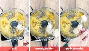 Process shots for vegan chicken patties, add salt, onion powder and vital wheat gluten to food processor.