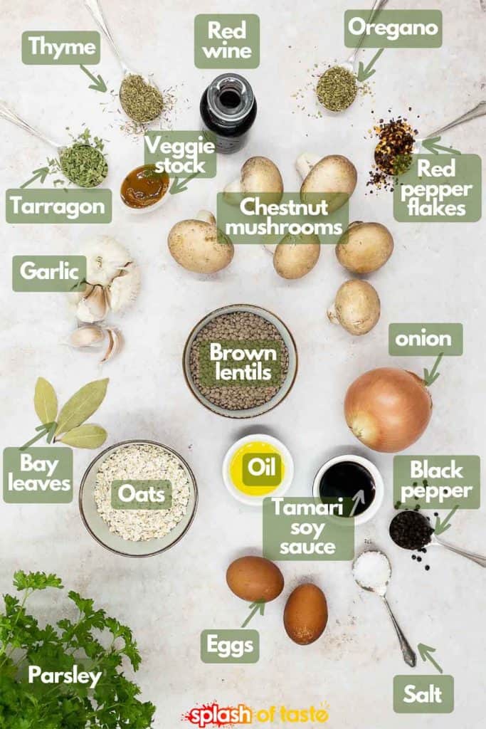 Ingredients for making vegetarian meatballs, thyme, vegetarian broth, red wine, oregano, red pepper flakes, onion, chestnut mushrooms, brown lentils, black pepper, tamari soy sauce, salt, eggs, olive oil, oats, parsley, bay leaves, garlic and tarragon.