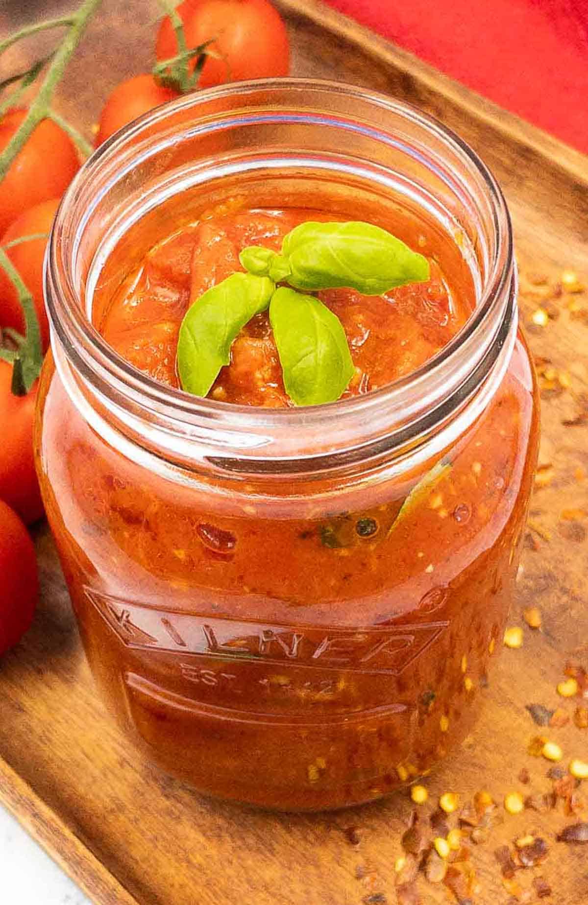 Homemade arrabiata sauce in a jar.