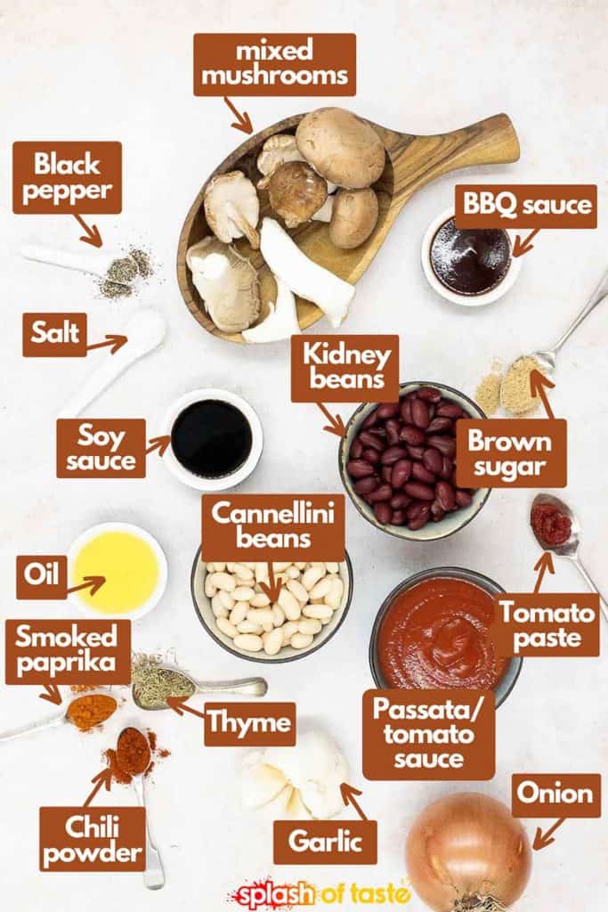Ingredients for making mushrooms and BBQ beans from scratch, mixed mushrooms, BBQ sauce, light brown sugar, kidney beans, tomato paste, passata or tomato sauce, onion, garlic, chili powder, dried thyme, smoked paprika, olive oil, cannellini beans, light soy sauce, salt and pepper.