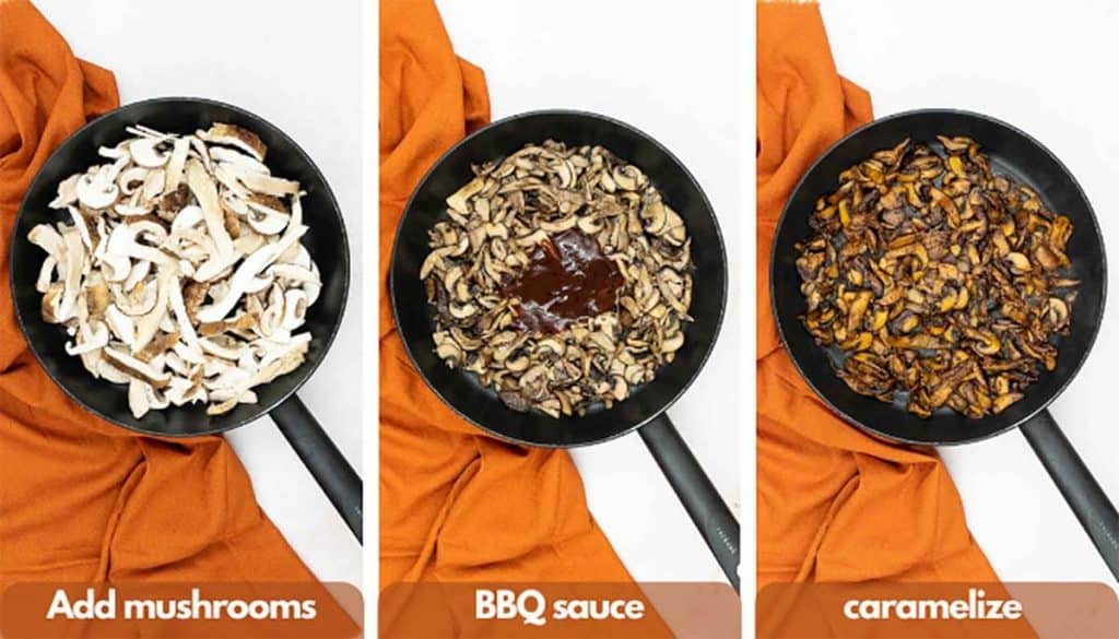 Process shots for making BBQ mushrooms, saute mushrooms, add BBQ sauce and caramelize.