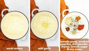 Process shots for making a BBQ beans recipe from scratch, saute onions, add garlic, tomato paste, smoked paprika, chili powder, dried thyme, light brown sugar and light soy sauce.