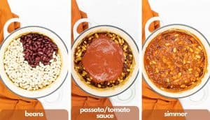Process shots for making a BBQ beans recipe from scratch, add cannellini beans and red kidney beans, tomato sauce or passata sauce and simmer.