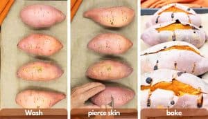 Process shots for how to make a baked sweet potato, wash the sweet potato, poke it with a fork and roast in the oven.
