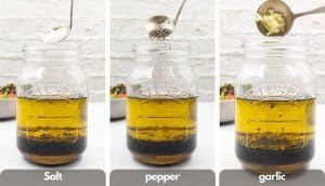 Process shots showing how to make a balsamic vinaigrette dressing, add salt, pepper and garlic.