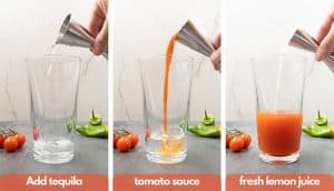 Process shots for how to make a Bloody Maria cocktail add tequila, add tomato juice and fresh lemon or limejuice