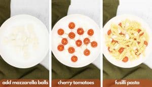 Process shots for how to make a caprese pasta salad, add mozzarella balls, cherry tomatoes and fusilli pasta.