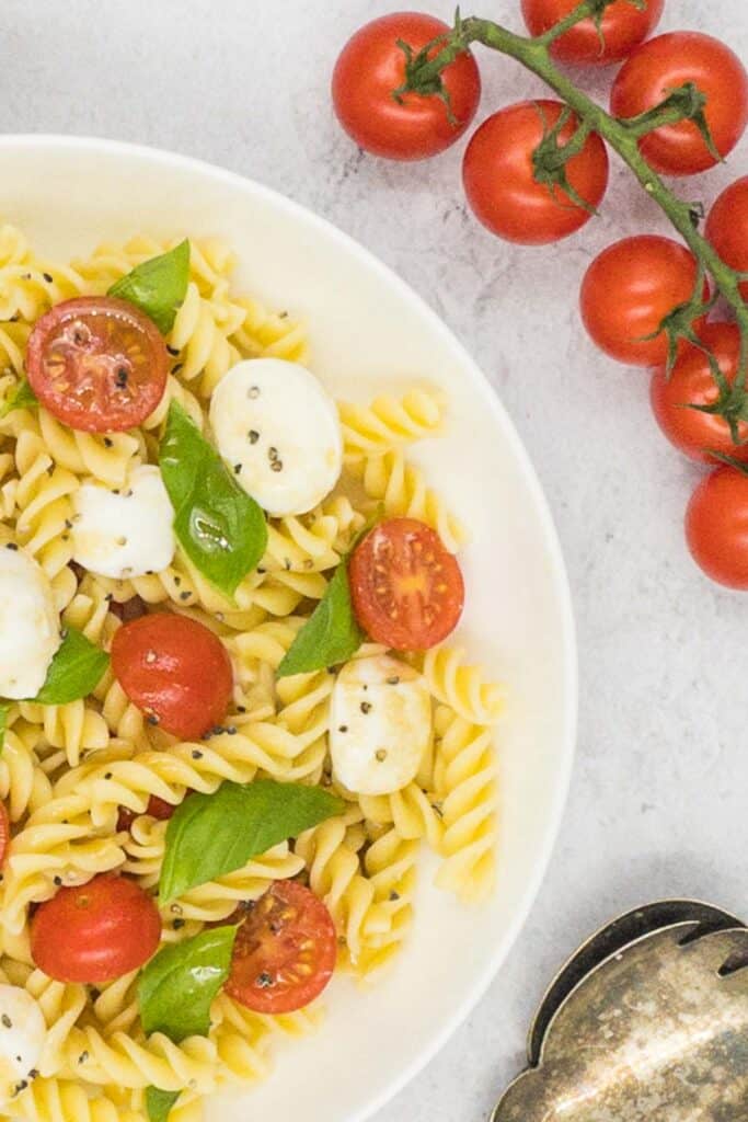 A bowl of tasty Caprese pasta salad and tomatoes on a vine.