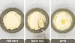 Process shots for how to make chipotle aioli add mayo, lemon juice and garlic.