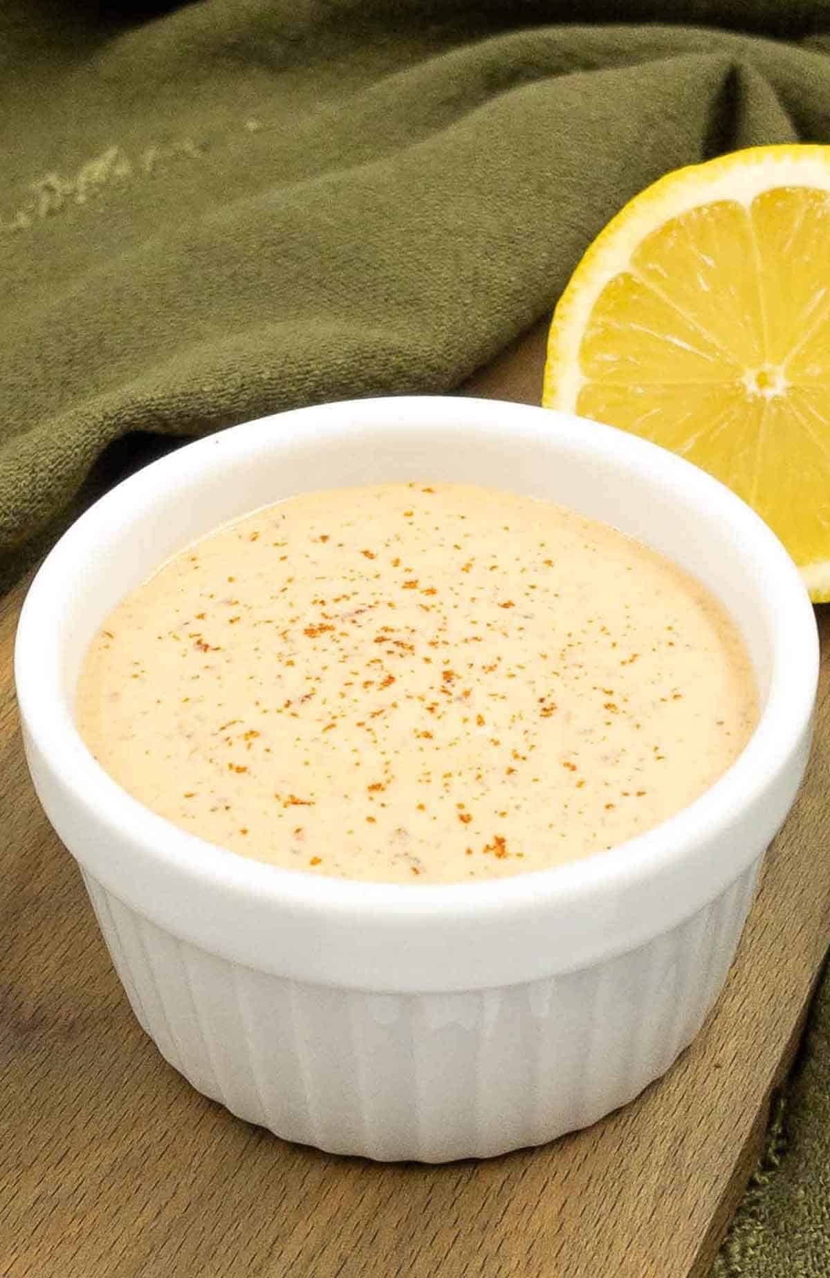 Homemade chipotle aioli in a ramekin.