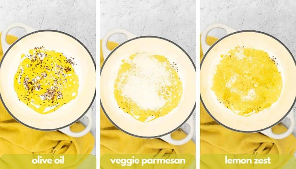 Process shots for making lemon pasta recipe add olive oil, vegetarian parmesan and lemon zest.