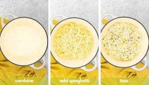 Process shots for making lemon pasta recipe combine, add al dente spaghetti, toss in creamy lemon pasta sauce and heat on medium heat.