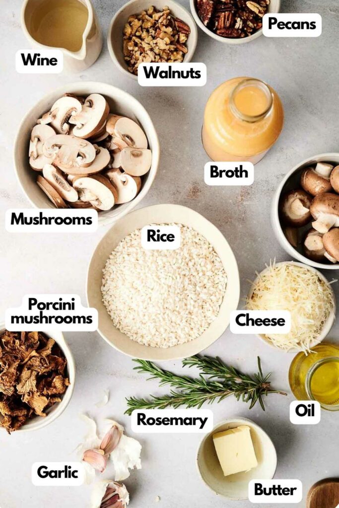 Ingredients for a Mushroom risotto recipe.