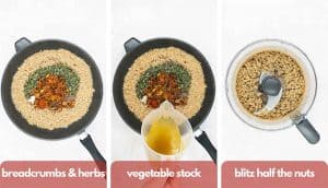 Process shots for how to make a nut roast add breadcrumbs and herbs to the pan, add vegetable stock and blitz half of the nuts in a food processor.
