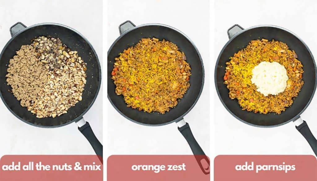 Process shots for how to make a nut roast add nut meal and chopped nuts to pan, add orange zest and mashed parsnips, transfer to mixing bowl.