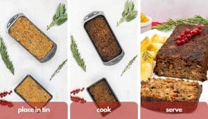 Process shots for how to make a nut roast, place in prepared loaf tin, cook and serve your sliced nut roast.
