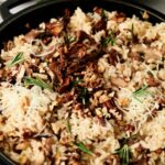 Mushroom risotto cooked in a pot.