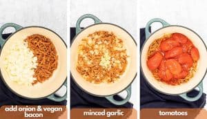 Process shots for making pink sauce pasta from scratch add onion, vegan bacon, minced garlic and tomatoes.