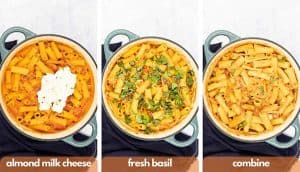 Process shots for how to make pink sauce pasta add almond milk cheese, fresh basil leave and combine.