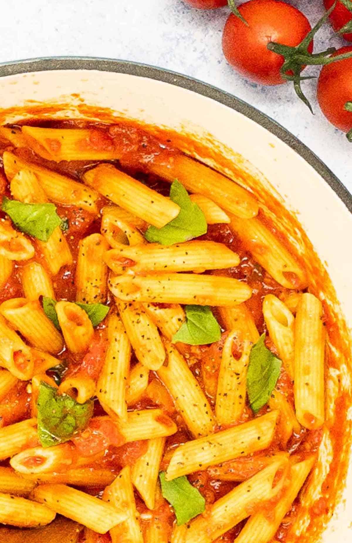 Penne arrabiata in a pot and ready to eat.