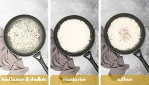 Process shots on how to make a allo zafferano saffron risotto, add butter, shallots, arborio rice and saffron threads.