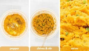 Process shots for how to make mashed sweet potatoes add freshly ground black pepper, chives, stir to combine and serve warm.