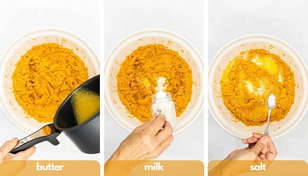 Process shots for homemade mashed sweet potatoes add melted butter, milk and add kosher salt.