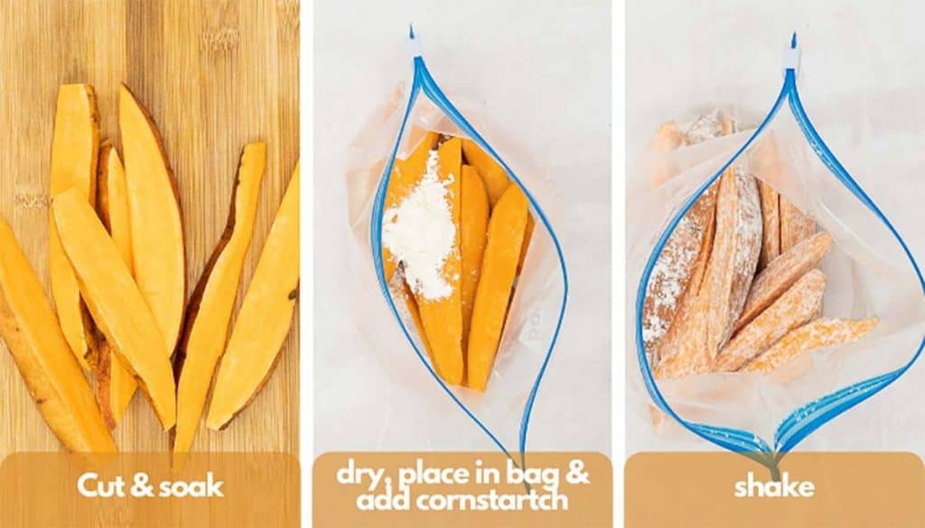 Process shots for how to make roasted sweet potato wedges, cut sweet potato wedges, soak in water, add cornstarch, and shake to coat.