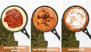 Process shots for how to make a vegan risotto add passata or tomato sauce, sun dried tomatoes and coconut milk.