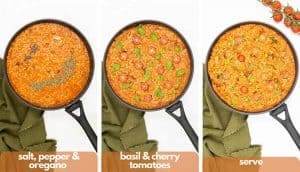 Process shots for how to make a vegan risotto, add saltand pepper and oregano, fresh basil and cherry tomatoes and serve.