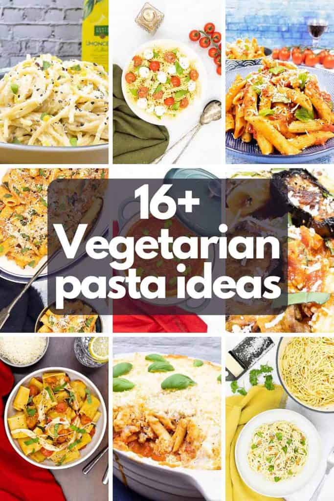 A montage of vegetarian pasta recipes.