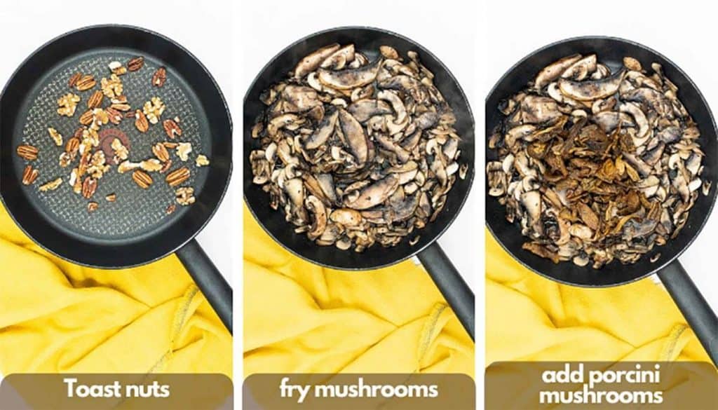 Process shots for making mushroom risotto, toast walnuts and pecans, fry mushrooms, add porcini mushrooms.
