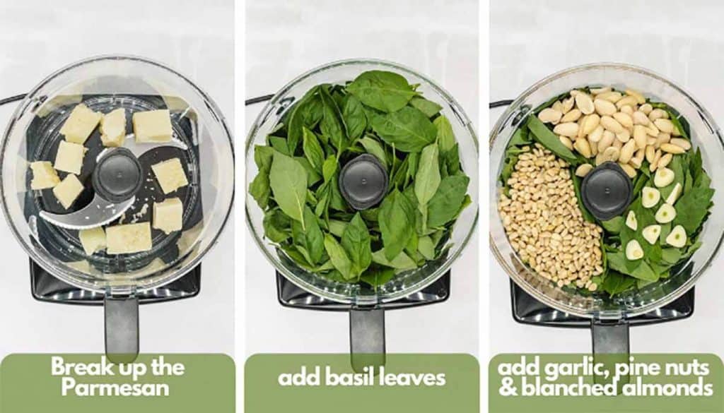 Process shots for how to make homemade basil pesto, in a food processor add Parmesan cheese, fresh basil, garlic, pine nuts & almonds.