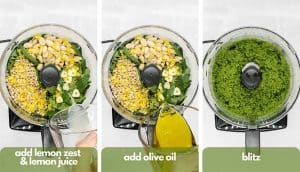 Process shots for how to make homemade basil pesto, add basil, garlic, pine nuts, almonds, lemon zest & lemon juice, add extra virgin olive oil, blitz.