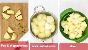 Process shots for how to make mashed potato, peel and chop potatoes, boil in salted water, and drain .