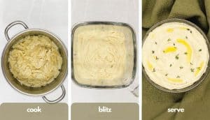 Process shots for how to make parsnip puree, cook parsnip mixture, add to blender or food processor, serve hot.