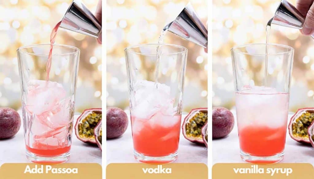 Process shots for how to make a pornstar martini, add passoa, vodka and vanilla syrup.