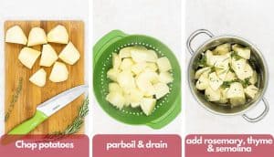 Process shots for making roasted potato recipe, chop potatoes, parboil, drain and add rosemary, thyme and semolina.