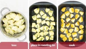 Process shots for making roasted potato recipe, boil and toss potatoes, plain roasting tin, add olive oil and cook.