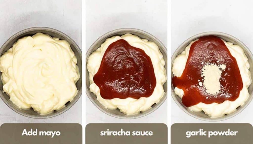 Process shots for how to make sriracha with mayo, add mayo, sriracha sauce and garlic powder.