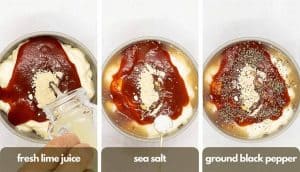 Process shots for how to make sriracha with mayo dipping sauce, add fresh lime juice, sea salt and freshly ground black pepper.