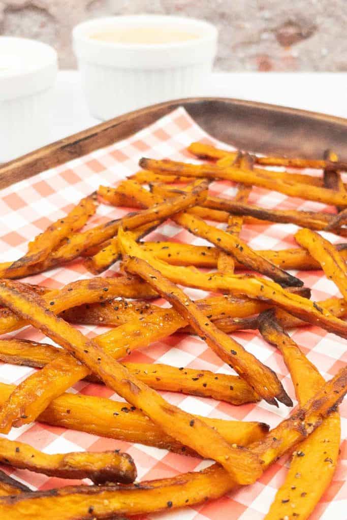 A tray of freshly made sweet potato fries.